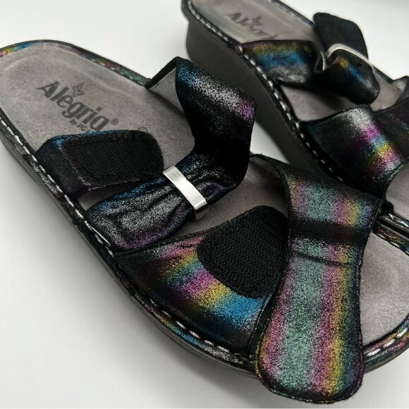 Alegria Karmen Black Metallic Rainbow Leather Slip On Slide Platform Sandals 38 - Picture 8 of 13